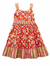 Girls Orange Butterfly Sundress Stripes & Dots Sleeveless Summer Dress