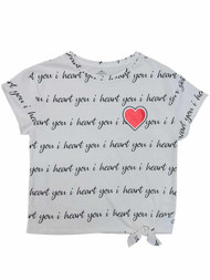 Girls White I Heart You Valentines Day Tee Shirt Side Tie Love Top