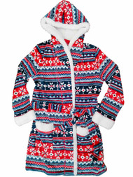 Womens Plush Nordic Snowflake Tribal Bathrobe Pocketed House Coat Bath Robe