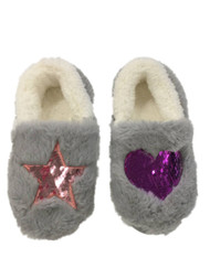 Girls Fuzzy Gray Heart & Star Slippers Sequin House Shoes Loafers