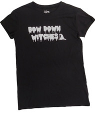 Junior Womens Black White Bow Down Witches Halloween Holiday T-Shirt