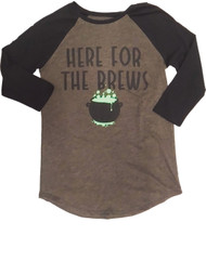 Junior Womens Gray & Black Here For The Brew Cauldron Halloween Raglan T-Shirt