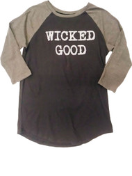 Junior Womens Gray & Black Wicked Good Halloween Raglan T-Shirt