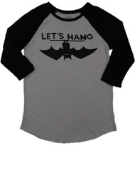 Junior Womens Gray & Black Lets Hang Bat Halloween Holiday Raglan T-Shirt