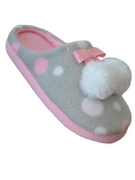 Girls Gray & Pink Polka Dot Slippers Pom Pom House Shoes