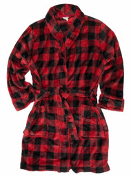 Womens Plush Red & Black Buffalo Plaid Bathrobe House Coat Bath Robe