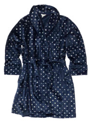 Womens Plus Plush Navy Blue & Silver Polka Dot Bathrobe House Coat Bath Robe