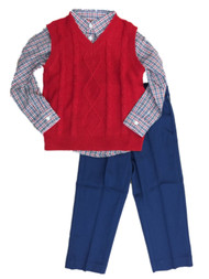 TFW Toddler Boys Suit Red sweater Vest Plaid Shirt & Blue Pants Set Outfit