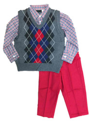 TFW Toddler Boys Suit Gray Argyle Vest Plaid Shirt & Red Pants Set Outfit
