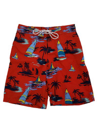 Mens Red Tropical Paradise Sailboat Hawaiian Board Shorts Swim Trunks