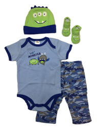 Infant Boys 4pc Camo Lil Monster Baby Outfit Bodysuit Pants Hat Slipper Set 3-6m