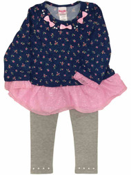 Girls Blue & Pink Floral Rose Outfit Ruffle Shirt & Leggings Pants Set