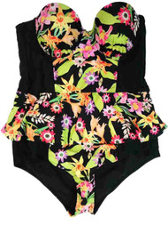 Womens Tropical Floral Hibiscus Flower Strapless One Piece Swimming Suit X-Large
