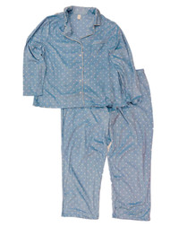 Womens Blue & White Polka Dot Fleece Pajamas Button Front Sleepwear Set