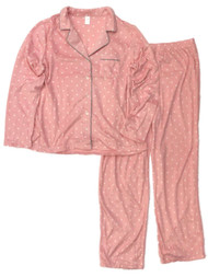 Womens Pink & White Polka Dot Fleece Pajamas Button Front Sleepwear Set