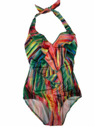 La Moda Womens Tropical Rainbow Stripe Ruffled Halter 1 Piece Swim Suit