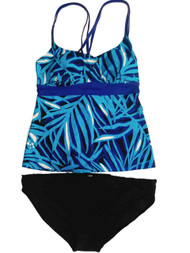 Womens Blue White Black Frangpini Leaf 2 Piece Swimming Suit Tankini Set 16