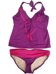 Womens Purple Magenta Ruffle 2 Piece Swimming Suit Sparklin Grape Tankini Set