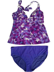 Womens Purple Violet Floral Flower 2 Piece Swimming Suit Leaf Print Tankini Set