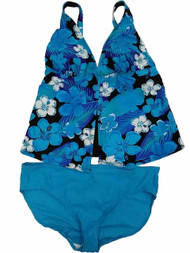 Womens Blue White Hibiscus Floral Flower 2 Piece Swimming Suit Tankini Set 16
