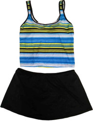 Womens Blue Green White Striped 2 Piece Swimming Suit Tankini Shorts Set