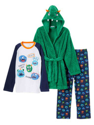 Toddler & Boys Plush Green Monster Hoodie Bath Robe & Pajamas Sleepwear Set