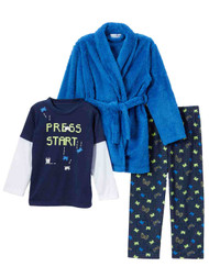 Toddler Boys Plush Blue Gamer Hoodie Bath Robe & Pajamas Sleep Set
