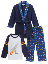 Toddler Boys Plush Blue Blast Off Bath Robe & Pajamas Sleep Set Rocket Ship