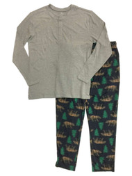 Mens 2pc Grizzly Bear Pajamas Sleep Set Fleece Lounge Pants & Long T-Shirt