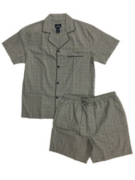 Mens 2pc Gray Check Pajamas Cotton Blend Shorts & Shirt Sleep Set