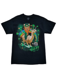Mens Black Lucky Leprecat Llamacorn Clover Rainbow St. Patrick's Day T-Shirt