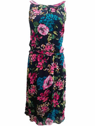Womens Navy Blue Pink Rose Flower Floral Tank Top A-Line Dress Size 18
