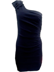 Womens Navy Blue Ruffle Single Strap Pencil Body Con Rouched Dress