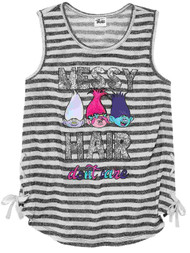 Girls Trolls Movie Messy Hair Don't Care T-Shirt Gray Stripe Poppy Tank Top