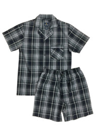 Mens 2pc Gray & Burgundy Check Pajamas Cotton Blend Shorts & Shirt Sleep Set