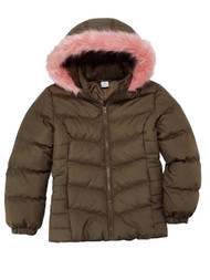 Girls Khaki Green & Pink Faux Fur Puffer Ski Jacket Hooded Winter Snow Coat