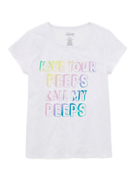 Girls White Easter Tee Shirt Rainbow Writing Peeps Scoop Neck T-Shirt
