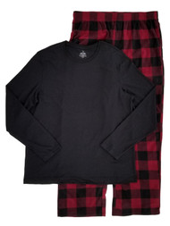 Mens 2 Piece Long Sleeve Shirt & Burgundy Plaid Fleece Pants Pajama Sleep Set