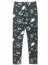 Girls Black Love Grafitti Leggings Cherry Cupcake Knit Stretch Pants
