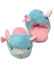 Womens Plush Blue & Pink Llama Slippers Scuffs House Shoes