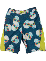 Boys Blue & Green Sunglasses Skull Print Swim Trunk Board Shorts