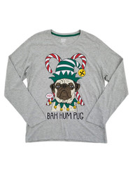 Mens Heather Gray Bah Hum Pug Christmas Elf Holiday Long Sleeve Shirt