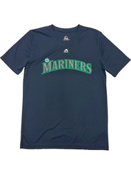 Boys Silky Navy Blue Green & Silver Seattle Mariners Baseball T-Shirt Shirt L