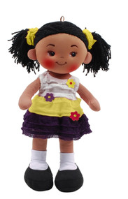Linzy Plush Aissa 16" Yellow Cloth Rag Doll, Brown Skin & Black Hair