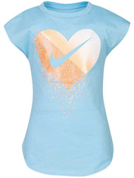 Nike Girls Baby Blue & Orange Glitter Heart Faded Athletic T-Shirt Tee Shirt