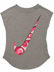 Nike Girls Heather Gray & Pink Swirl Swoosh Athletic T-Shirt Tee Shirt Grey