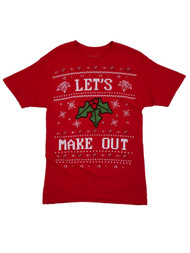 Mens Red Let's Make Out Mistletoe Christmas Holiday T-Shirt