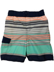Boys Navy Gray Orange & Green Striped Swim Trunk Board Shorts XX-Small (4-5)
