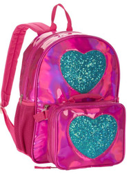 Hot Pink & Green Sequin Heart 16" Backpack & Detatchable Lunch Bag, School Set