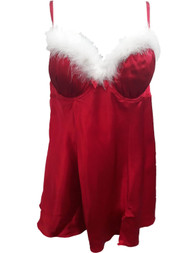 Women Red Silky Feather Trim Babydoll Nightie Nightgown Lingerie Teddy Large